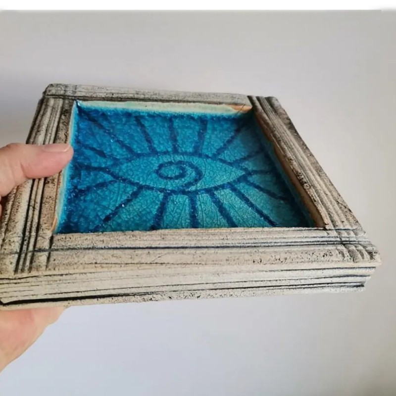 Blue eye plate, square stoneware clay plate with turquoise eye-sun, handbuilt blue grey, eye ring plate
