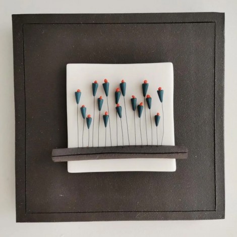 Dark flowers wall tile, stoneware and porcelain wall tile with green flowers bed, minimalist wall hanging