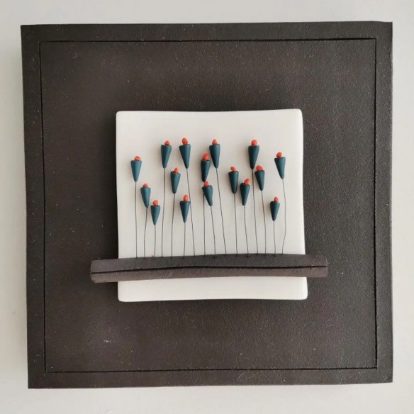 Dark flowers wall tile, stoneware and porcelain wall tile with green flowers bed, minimalist wall hanging