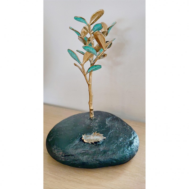 Schinus tree card holder, real schinus gold twigs on natural stone, electroplated gold branch card holder