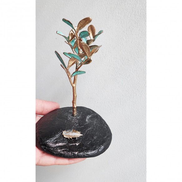 Schinus tree card holder, real schinus gold twigs on natural stone, electroplated gold branch card holder