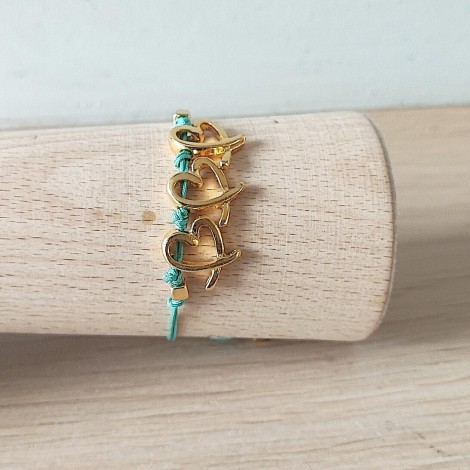 Gold hearts bracelet, blue cord macrame bracelet with heart charms, modern adjustable cuff, blue gold friendship cuff