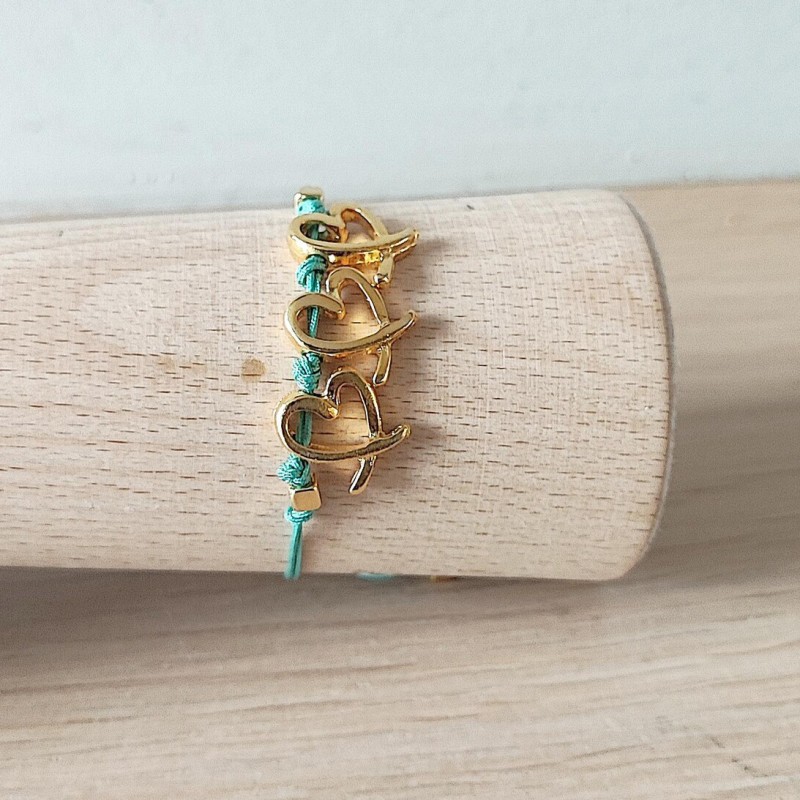 Gold hearts bracelet, blue cord macrame bracelet with heart charms, modern adjustable cuff, blue gold friendship cuff