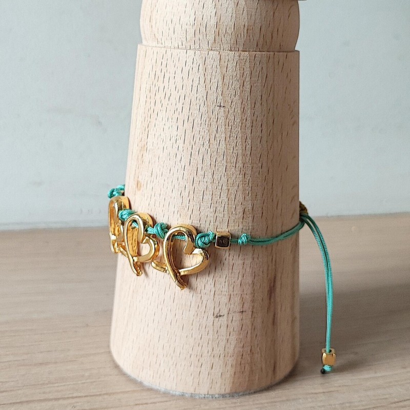 Gold hearts bracelet, blue cord macrame bracelet with heart charms, modern adjustable cuff, blue gold friendship cuff