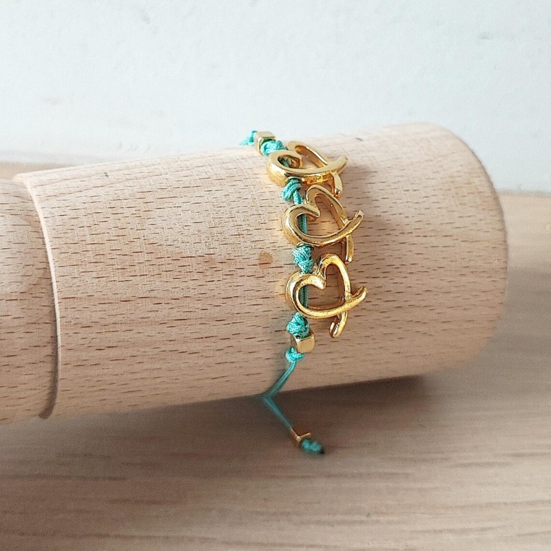 Gold hearts bracelet, blue cord macrame bracelet with heart charms, modern adjustable cuff, blue gold friendship cuff