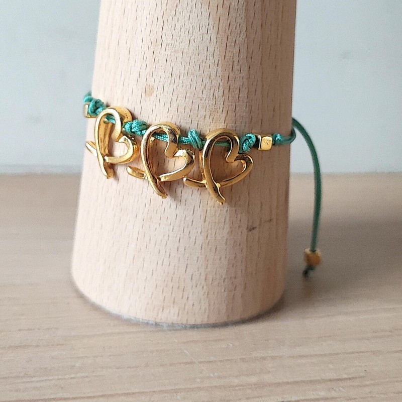 Gold hearts bracelet, blue cord macrame bracelet with heart charms, modern adjustable cuff, blue gold friendship cuff