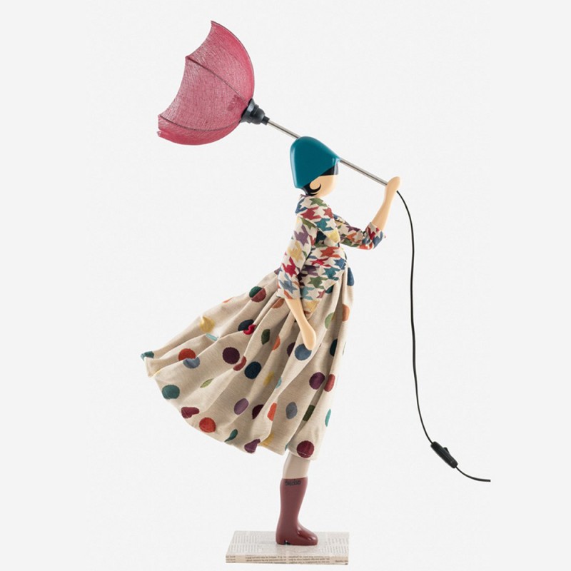 Wooden table lamp, girl with umbrella lamp
