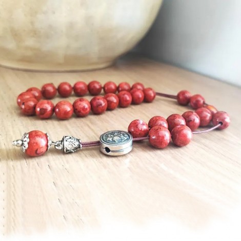 Bamboo coral worry beads, sterling silver and coral worry beads