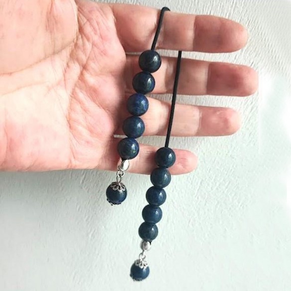 Lapis lazuli open worry beads, navy blue, begleri worry beads on black cord