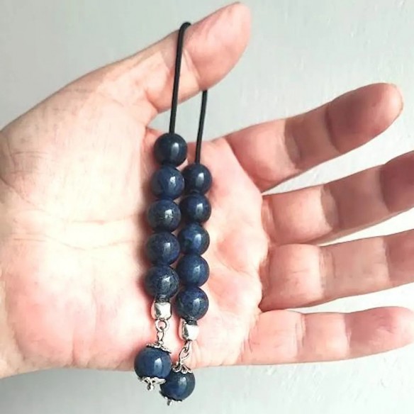 Lapis lazuli open worry beads, navy blue, begleri worry beads on black cord