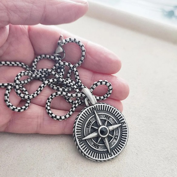 Compass men's necklace, steel compass pendant on steel chain.