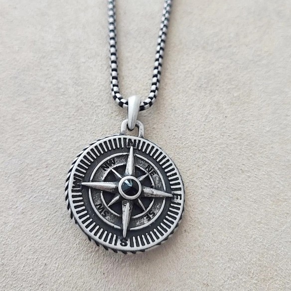 Compass men's necklace, steel compass pendant on steel chain.
