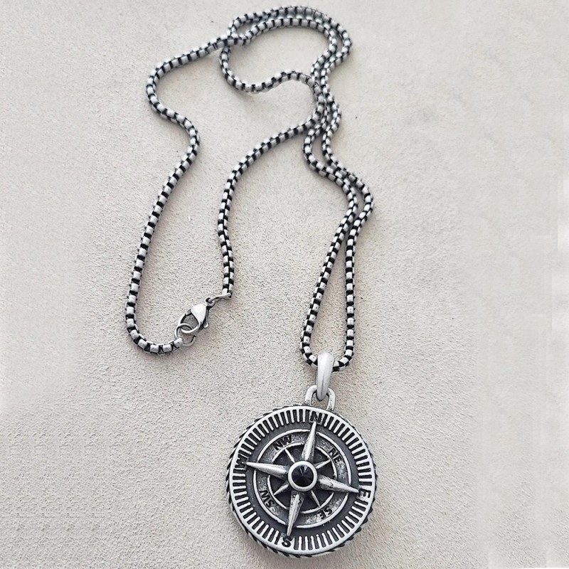 Compass men's necklace, steel compass pendant on steel chain.