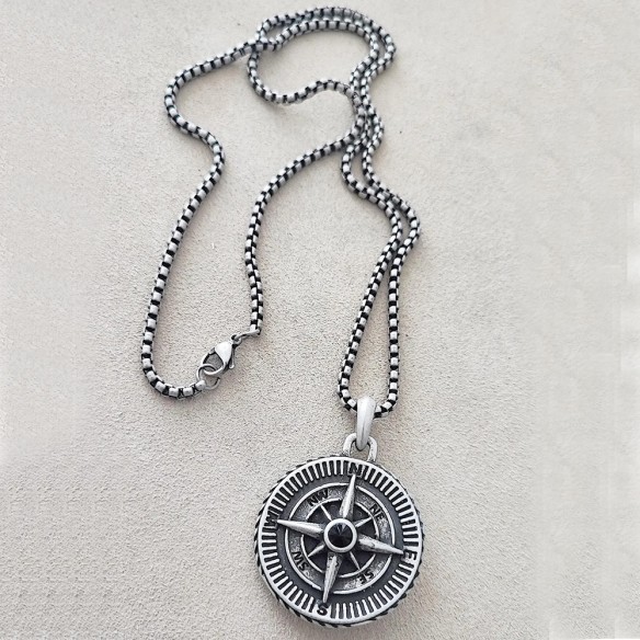 Compass men's necklace, steel compass pendant on steel chain.
