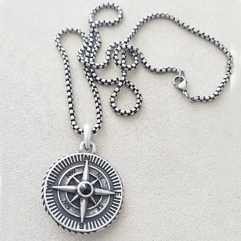 Compass men's necklace, steel compass pendant on steel chain.