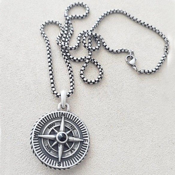 Compass men's necklace, steel compass pendant on steel chain.