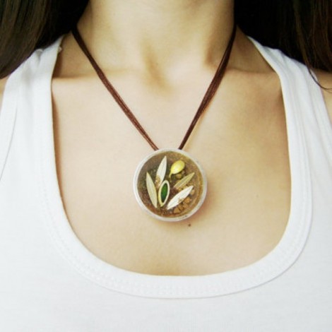 Green and gold olives in resin and sterling silver, large designer pendant.