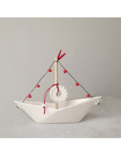 white paper boat, porcelain paper boat with 2026 tag, white boat art object