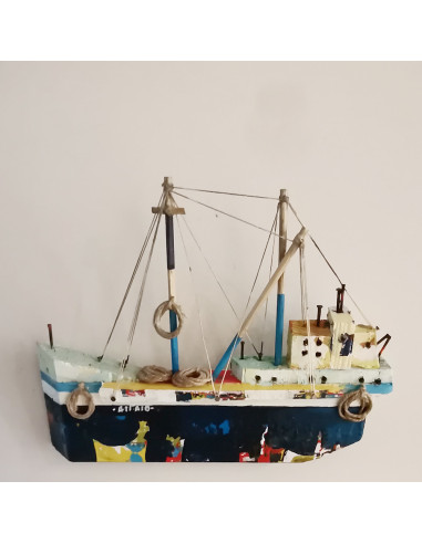 Blue sailboat sculpture, colourful sailboat of wood,