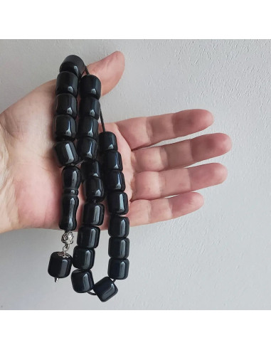 Black bakelite worry beads, traditional Greek komboloi with cylindrical black beads, typical black mala beads, prayer beads