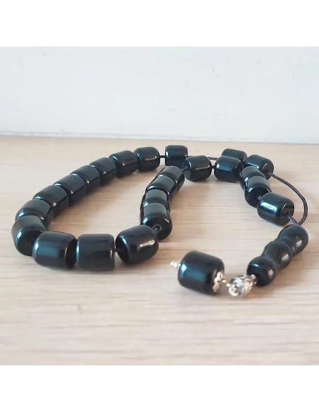 Black bakelite worry beads, traditional Greek komboloi with cylindrical black beads, typical black mala beads, prayer beads
