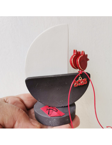 Ceramic sailing boat with red pomegranates, 12x9 cm.