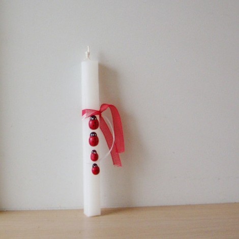 Ladybugs Easter candle for girls and women, square, white, Greek Easter candle with glued on ladybugs and red ribbon
