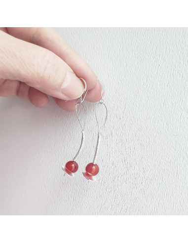 Dangle carnelian earrings, sterling silver and carnelian stone, drop earrings, red brown minimalist earrings