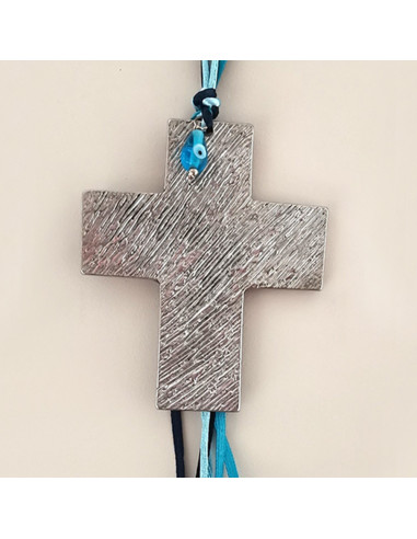 Silver wall cross, aluminum, Greek, hammered cross sculpture with blue eye charm and satin ribbon in blue and green