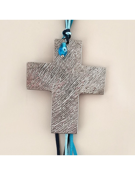 Silver wall cross, aluminum, Greek, hammered cross sculpture with blue eye charm and satin ribbon in blue and green