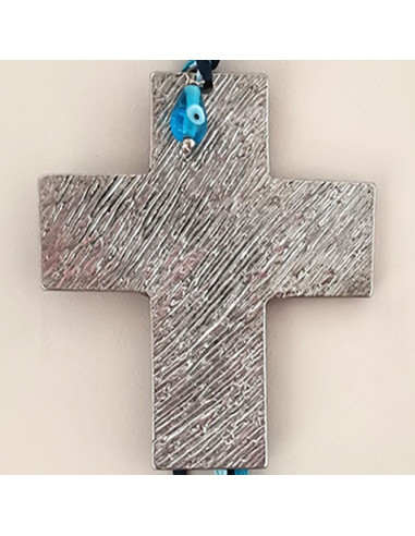 Silver wall cross, aluminum, Greek, hammered cross sculpture with blue eye charm and satin ribbon in blue and green