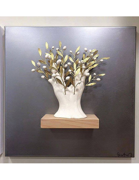 Ceramic tree with bronze branches on a wooden frame with gold leaf