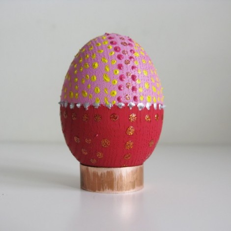 Wooden Easter egg, red-pink easter egg, rustic Easter egg on copper base