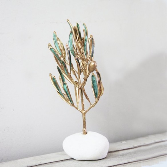 Real olive branch, tree like olive branch with gold-vertigris patina