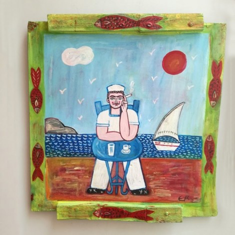 Folk painting of sailor sitting at cafe, vintage Greek folk art on reclaimed wood, Greek island scene 2