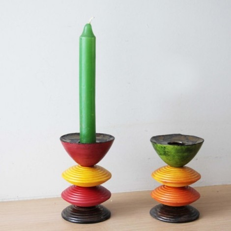 Multi-coloured, earthenware candleholder, handmade and handpainted, four tiered, ceramic candlestick