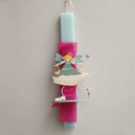 Fairy Easter candle, princess girl figurine on blue, Greek Easter candle, pink blue girls Greek Easter lambada