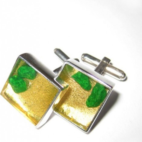 Square silver cufflinks, resin and sterling silver cube cufflinks with green beads and gold leaf, unisex, modern cufflinks