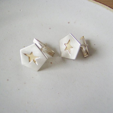 Sterling star cufflinks, pentagonal solid silver star with goldplated center