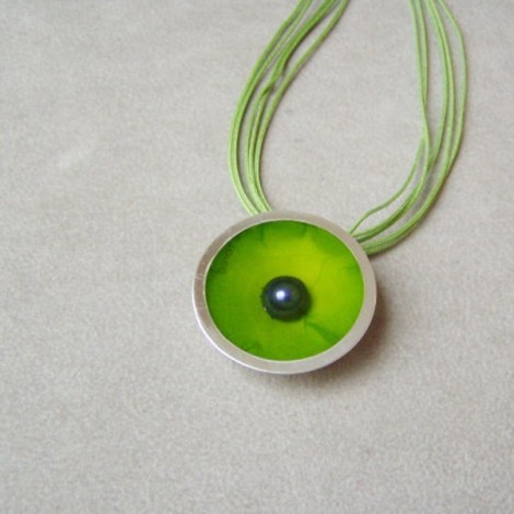 Green silver and resin necklace, round resin and silver pendant with blue pearl and green background