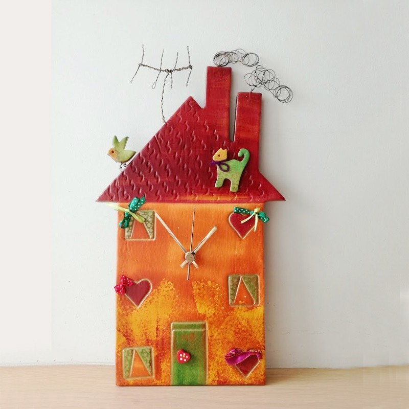 Red house clock, colourful ceramic...
