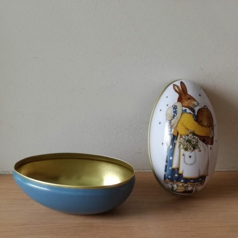 Easter egg box, metal tin box with an antique Easter illustration, Easter bunny carrying yellow egg, Easter collectible