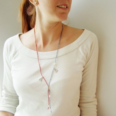 Red and blue lariat necklace, very thin, delicate strands of coral and sodalite with white pearls and sterling silver.