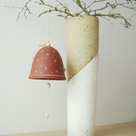 Christmas bell, ceramic bell ornament of high fire stoneware clay, rustic Christmas bell with stars decor