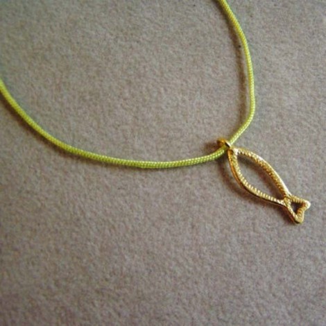 Fish outline gold necklace, 18 k handmade gold pendant on a chartreuse cord. 2