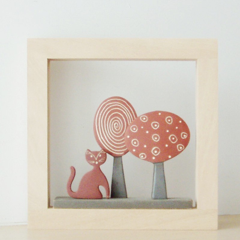 Cat and trees wall decor, ceramic cat...