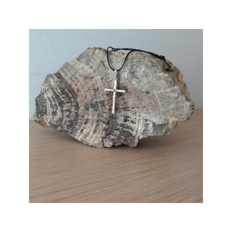 Silver mens cross, oxidised thin silver cross, textured silver cross on black cord, unisex silver cross