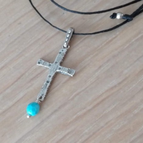 Silver turquoise cross, oxidised silver cross with dangling, turquoise stone, small silver cross on black cord