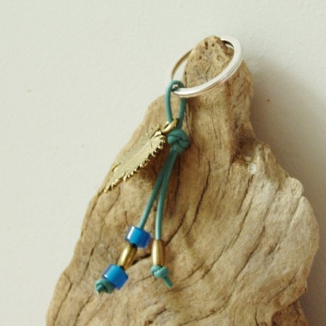 Grapevine keychain, brass grapevine leaf on a blue leather cord with brass and glass beads. 2