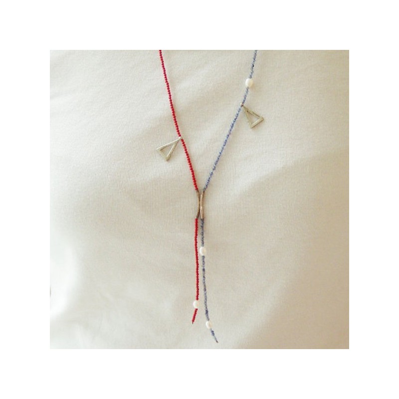Red and blue lariat necklace, very thin, delicate strands of coral and sodalite with white pearls and sterling silver.